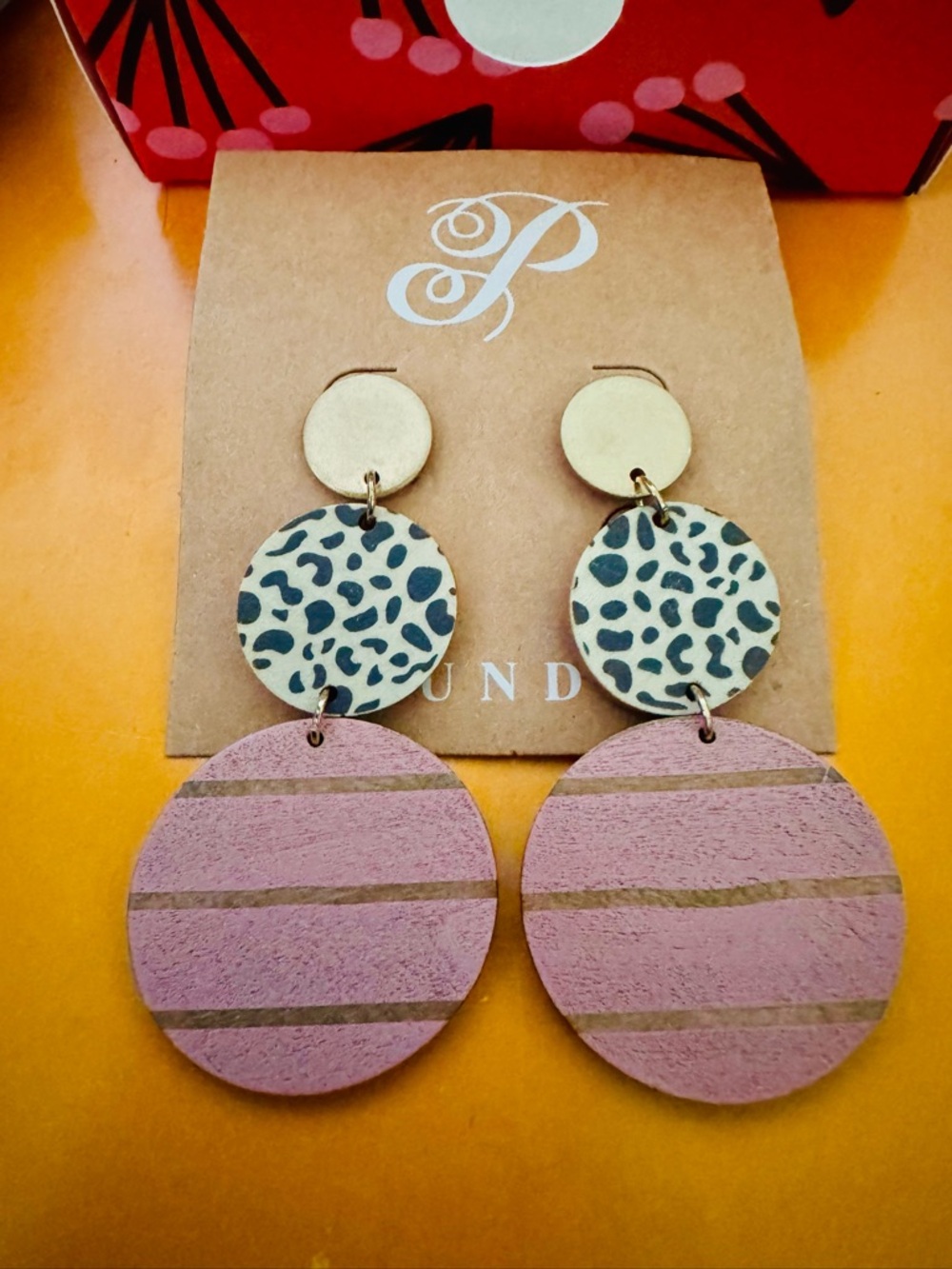Plunder Ayana Circle Drop Earrings Gold Tone Leopard and Stripes New in Box